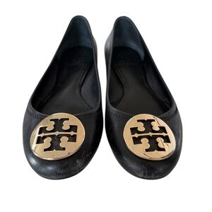 Tory Burch Black Leather Reva  Logo Round-Toe Ballet Flats